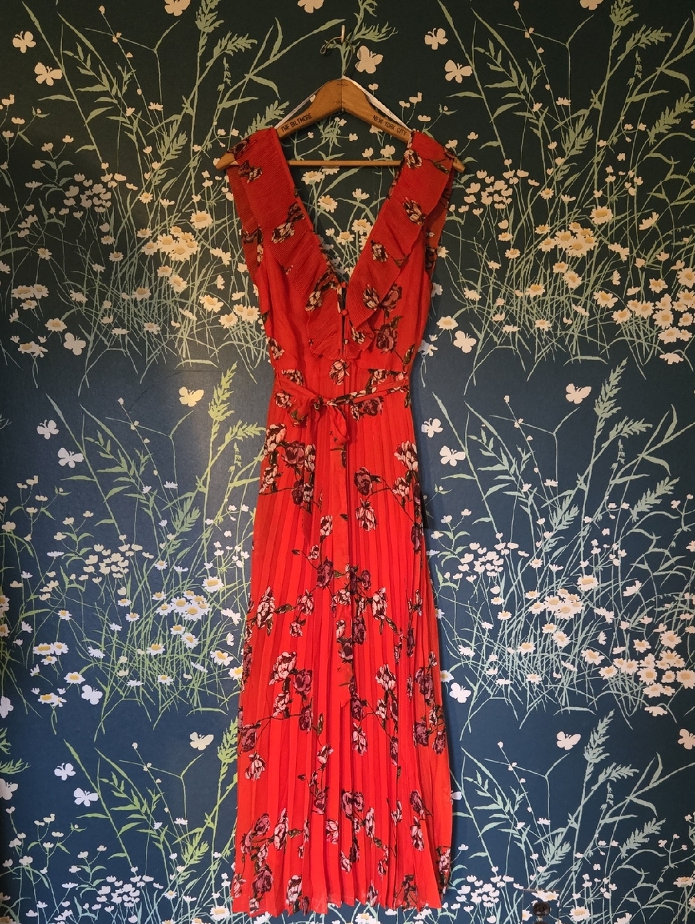 XS Lulu Loved By You Red Orange Floral Print Pleated Chiffon Maxi Dress